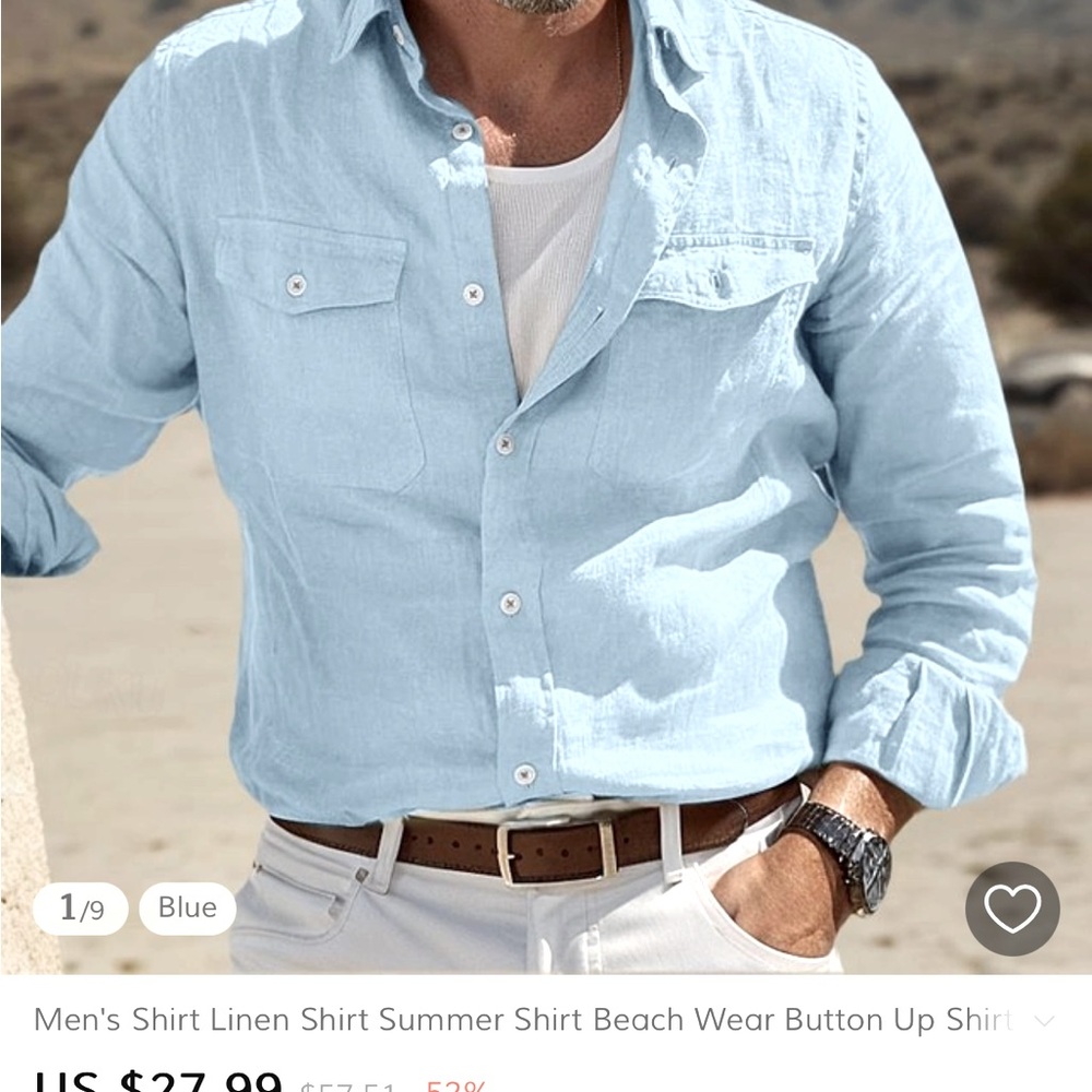 Ouku Men’s Button Up Linen Baby Blue Long Sleeve Shirt
Size XL